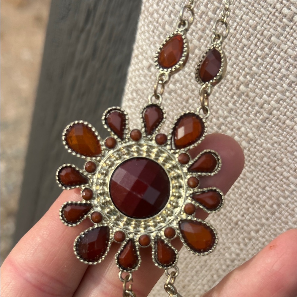 Vintage Gold-Tone Necklace with Deep Red & Burnt Orange Floral Drops - Picture 7 of 11